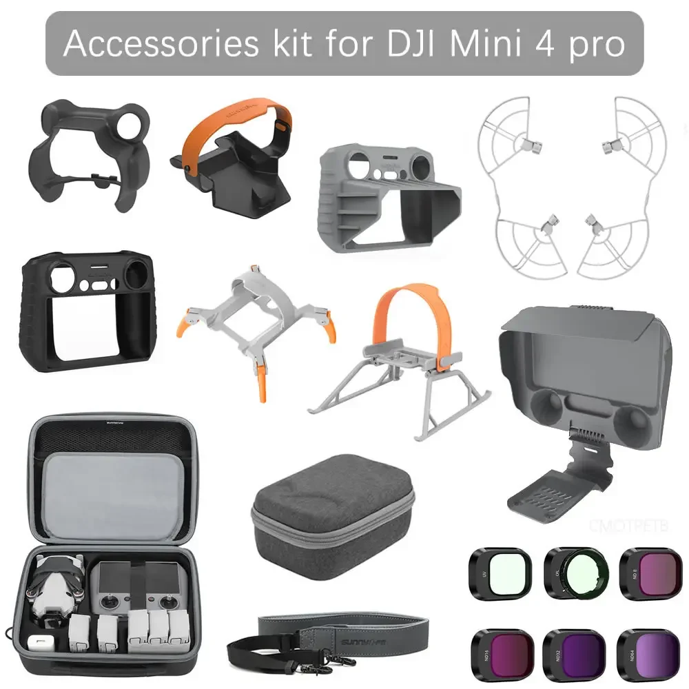 Drone Propeller Holder - Dji mini 4 pro用アクセサリーキット,着陸装置,レンズキャップ,プロペラガード,ケージホルダー,フィルター,rc 2コントローラー,シリコンケースバッグ